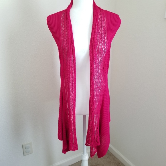 Sweaters - Womens Hot Pink Knit Sleeveless Long Cardigan Vest